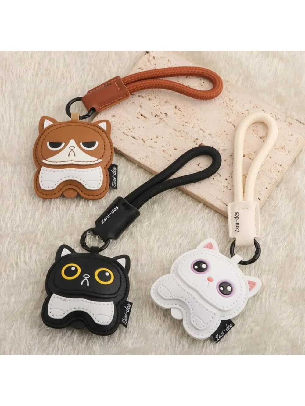 Cute Black Cat Keychain Charm - PU Leather Kawaii Pendant for Bags & Backpacks